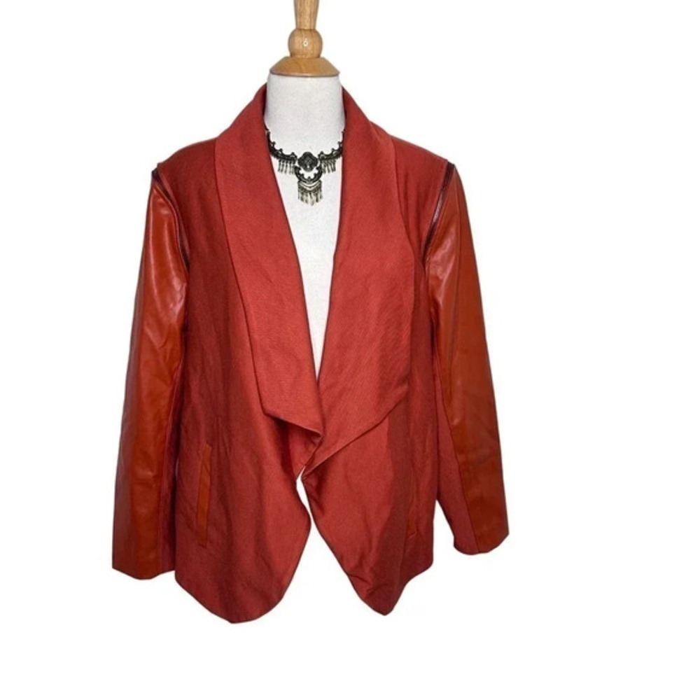 Giuliana Womens Burnt Orange Faux Leather Sleeve Drape‎ Front Blazer Jacket 18W